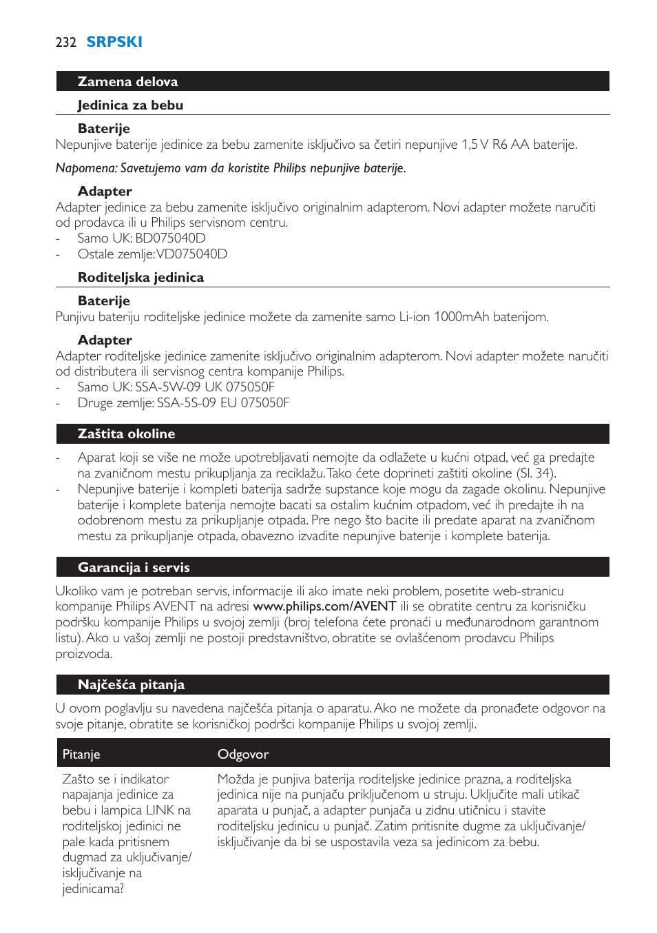 Zamena delova, Jedinica za bebu, Baterije | Adapter, Roditeljska jedinica, Zaštita okoline, Garancija i servis, Najčešća pitanja | Philips SCD530 User Manual | Page 232 / 256