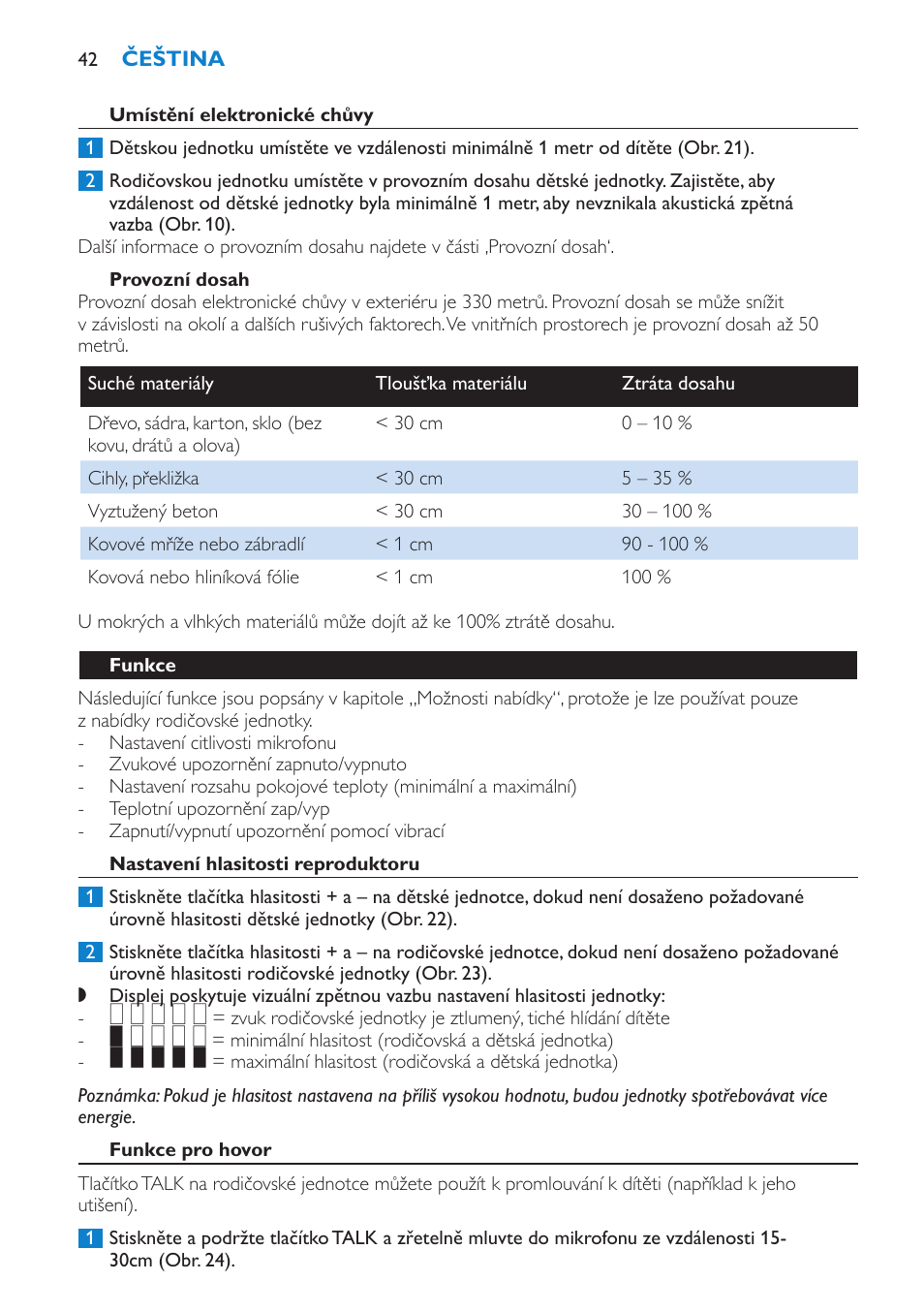 Umístění elektronické chůvy, Provozní dosah, Funkce | Nastavení hlasitosti reproduktoru | Philips SCD530 User Manual | Page 42 / 256