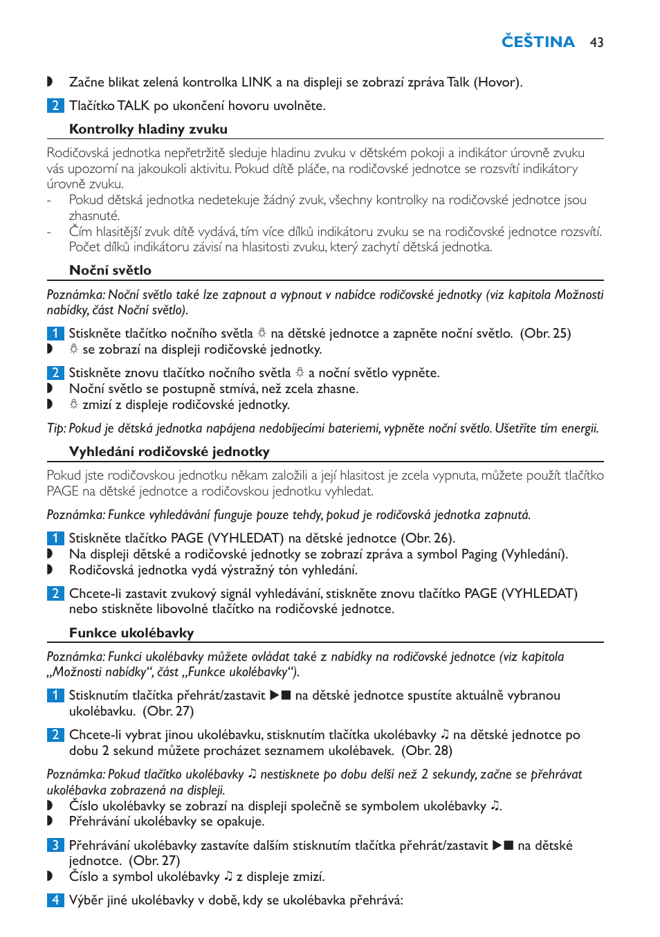 Funkce pro hovor, Kontrolky hladiny zvuku, Noční světlo | Vyhledání rodičovské jednotky, Funkce ukolébavky | Philips SCD530 User Manual | Page 43 / 256