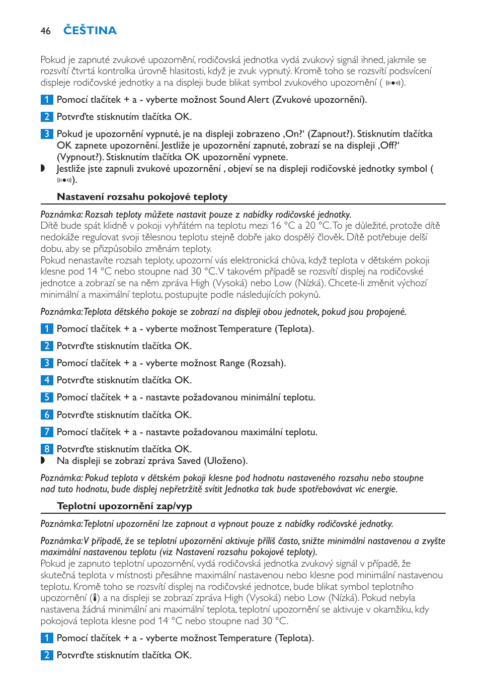 Zvukové upozornění zapnuto/vypnuto, Nastavení rozsahu pokojové teploty, Teplotní upozornění zap/vyp | Philips SCD530 User Manual | Page 46 / 256