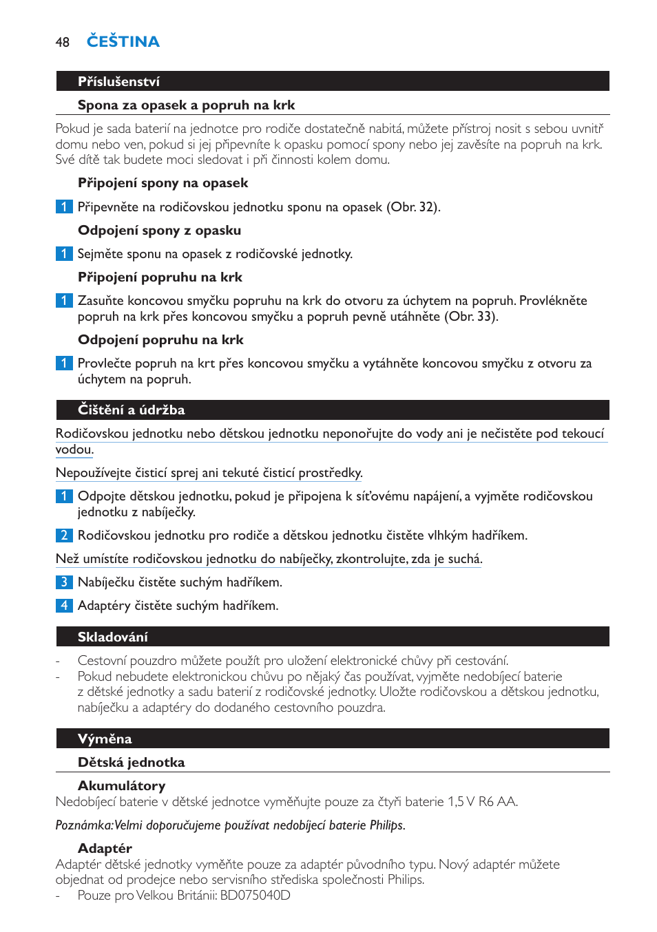 Příslušenství, Spona za opasek a popruh na krk, Připojení spony na opasek | Odpojení spony z opasku, Připojení popruhu na krk, Odpojení popruhu na krk, Čištění a údržba, Skladování | Philips SCD530 User Manual | Page 48 / 256