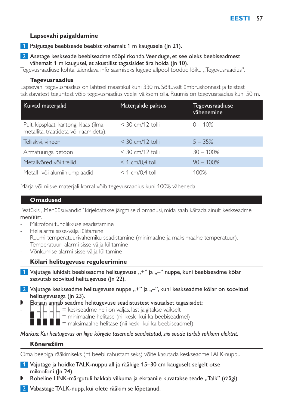 Lapsevahi paigaldamine, Tegevusraadius, Omadused | Kõlari helitugevuse reguleerimine, Kõnerežiim | Philips SCD530 User Manual | Page 57 / 256