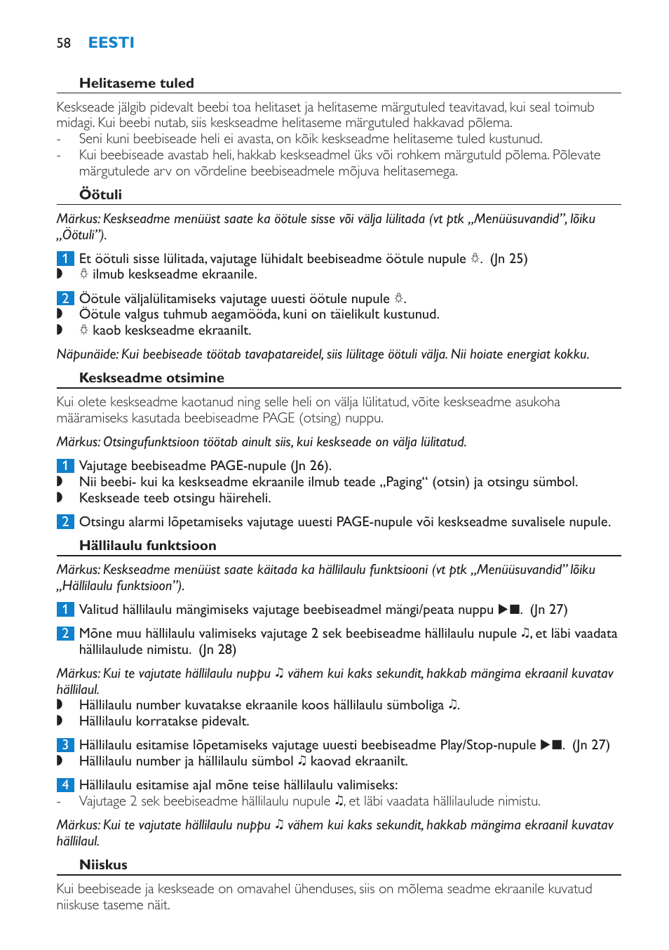 Helitaseme tuled, Öötuli, Keskseadme otsimine | Hällilaulu funktsioon, Niiskus | Philips SCD530 User Manual | Page 58 / 256