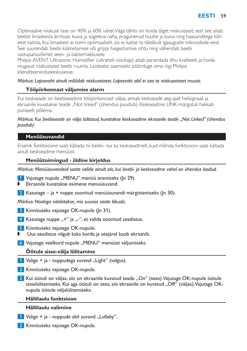 Tööpiirkonnast väljumise alarm, Menüüsuvandid, Menüütoimingud - üldine kirjeldus | Öötule sisse-välja lülitamine, Hällilaulu funktsioon, Hällilaulu valimine | Philips SCD530 User Manual | Page 59 / 256