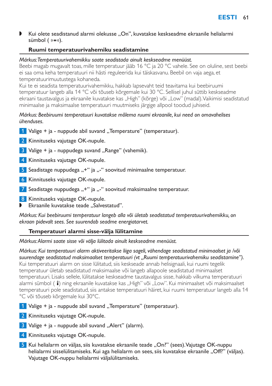 Ruumi temperatuurivahemiku seadistamine, Temperatuuri alarmi sisse-välja lülitamine | Philips SCD530 User Manual | Page 61 / 256