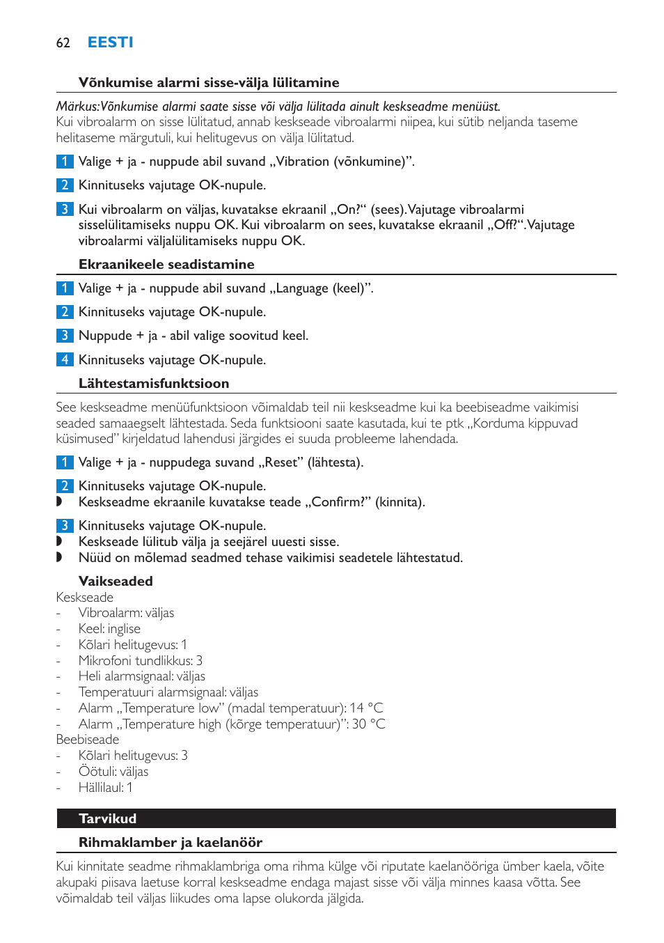 Võnkumise alarmi sisse-välja lülitamine, Ekraanikeele seadistamine, Lähtestamisfunktsioon | Vaikseaded, Tarvikud, Rihmaklamber ja kaelanöör | Philips SCD530 User Manual | Page 62 / 256