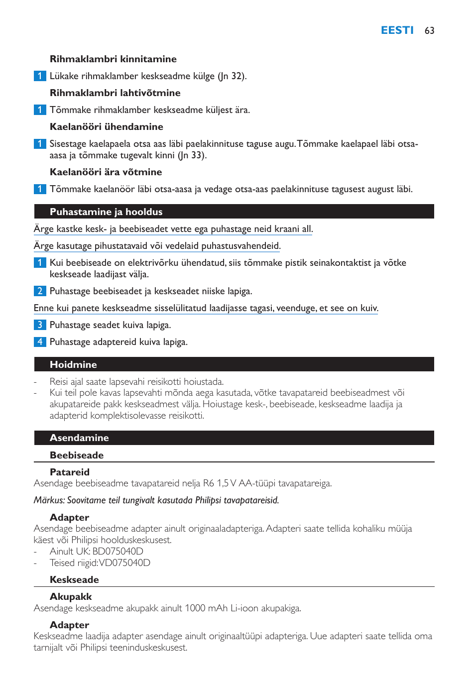 Rihmaklambri kinnitamine, Rihmaklambri lahtivõtmine, Kaelanööri ühendamine | Kaelanööri ära võtmine, Puhastamine ja hooldus, Hoidmine, Asendamine, Beebiseade, Patareid, Adapter | Philips SCD530 User Manual | Page 63 / 256