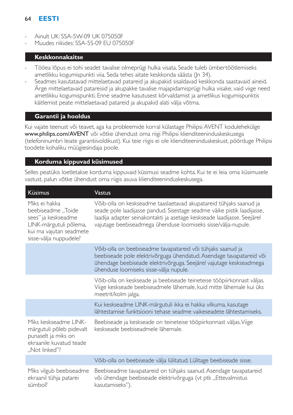 Keskkonnakaitse, Garantii ja hooldus, Korduma kippuvad küsimused | Philips SCD530 User Manual | Page 64 / 256