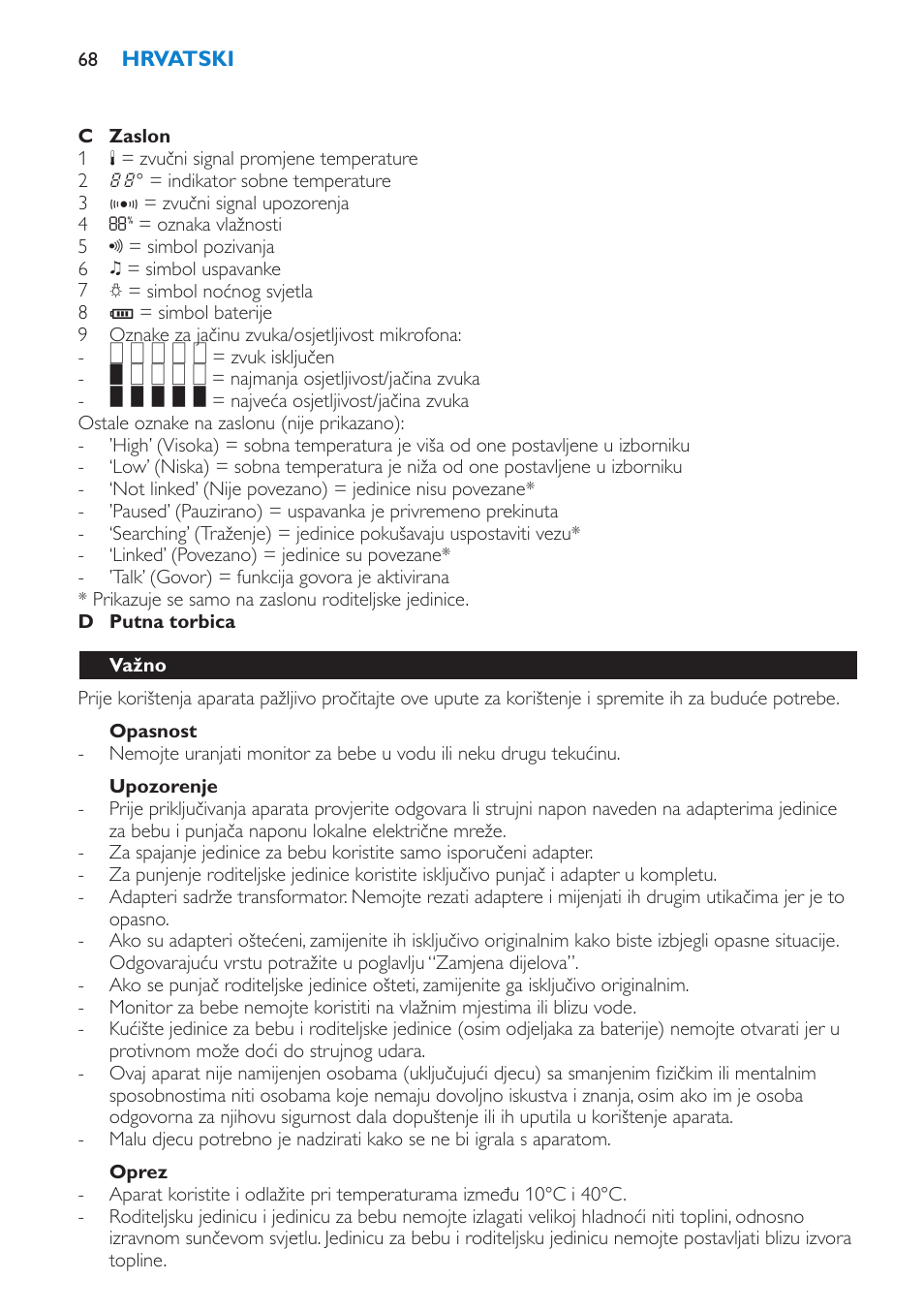 Opasnost, Upozorenje, Oprez | Važno | Philips SCD530 User Manual | Page 68 / 256