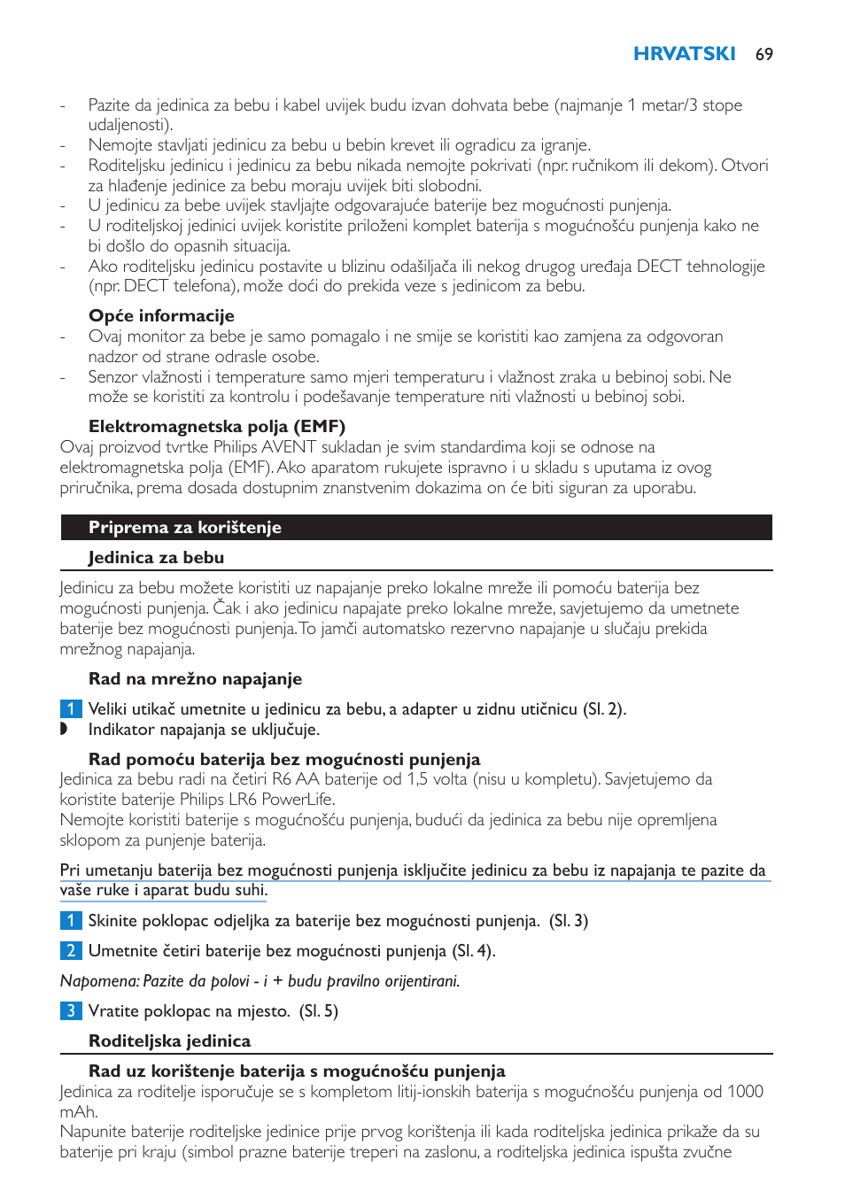 Opće informacije, Elektromagnetska polja (emf), Priprema za korištenje | Jedinica za bebu, Rad na mrežno napajanje, Rad pomoću baterija bez mogućnosti punjenja | Philips SCD530 User Manual | Page 69 / 256