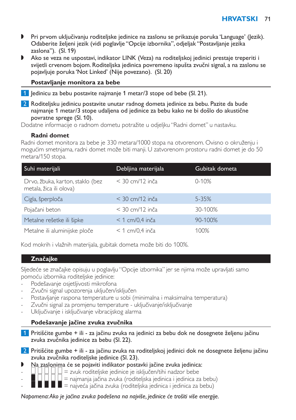 Postavljanje monitora za bebe, Radni domet, Značajke | Podešavanje jačine zvuka zvučnika | Philips SCD530 User Manual | Page 71 / 256