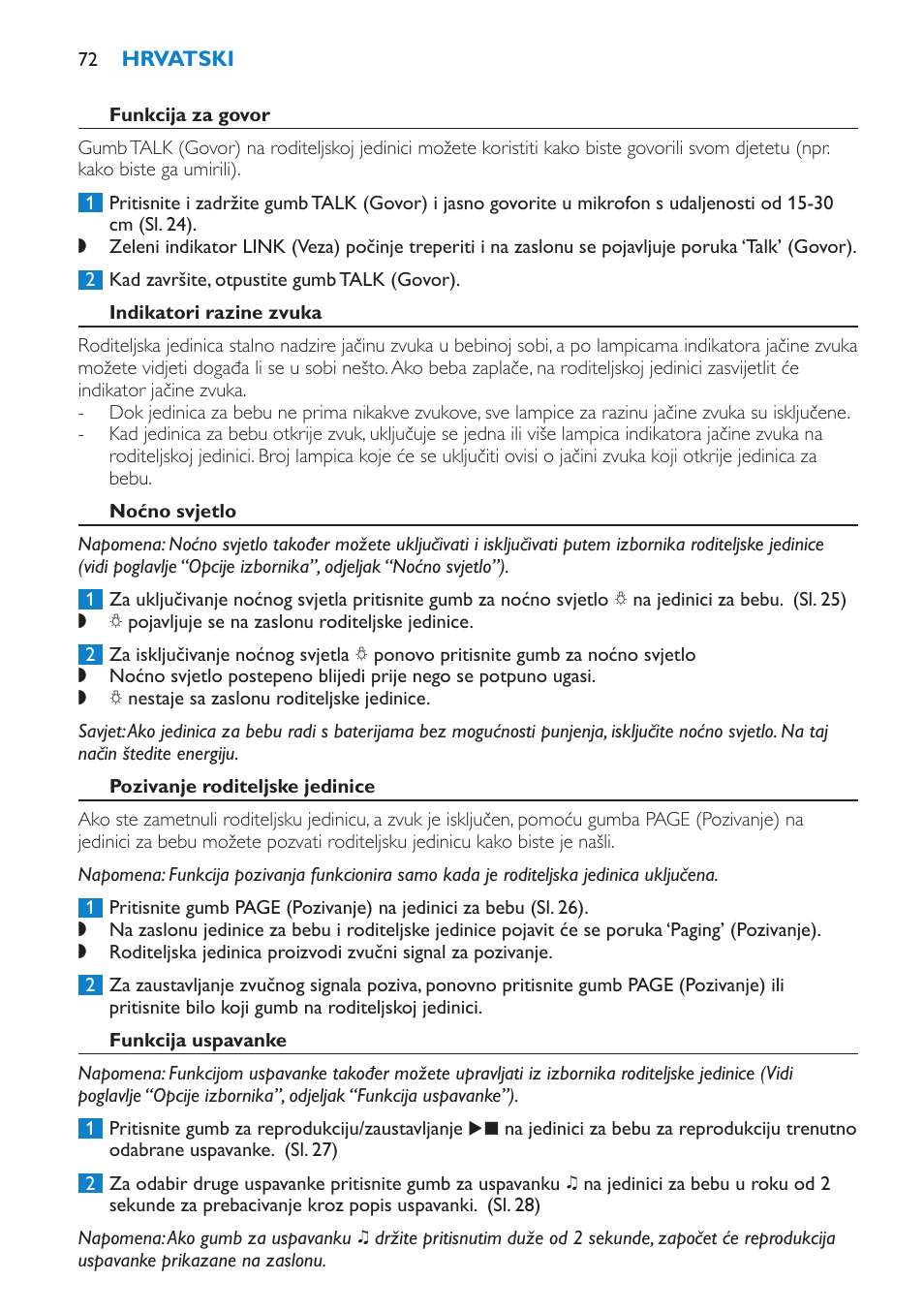 Funkcija za govor, Indikatori razine zvuka, Noćno svjetlo | Pozivanje roditeljske jedinice, Funkcija uspavanke | Philips SCD530 User Manual | Page 72 / 256