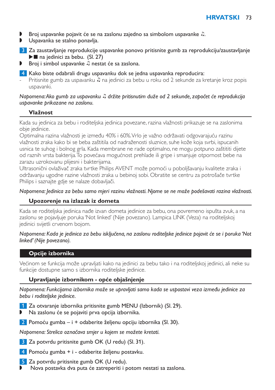 Vlažnost, Upozorenje na izlazak iz dometa, Opcije izbornika | Upravljanje izbornikom - opće objašnjenje | Philips SCD530 User Manual | Page 73 / 256