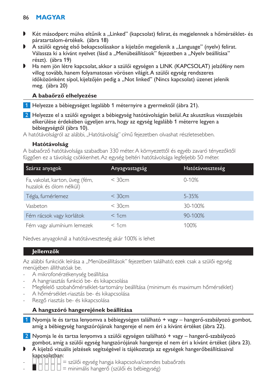 A babaőrző elhelyezése, Hatótávolság, Jellemzők | A hangszóró hangerejének beállítása | Philips SCD530 User Manual | Page 86 / 256