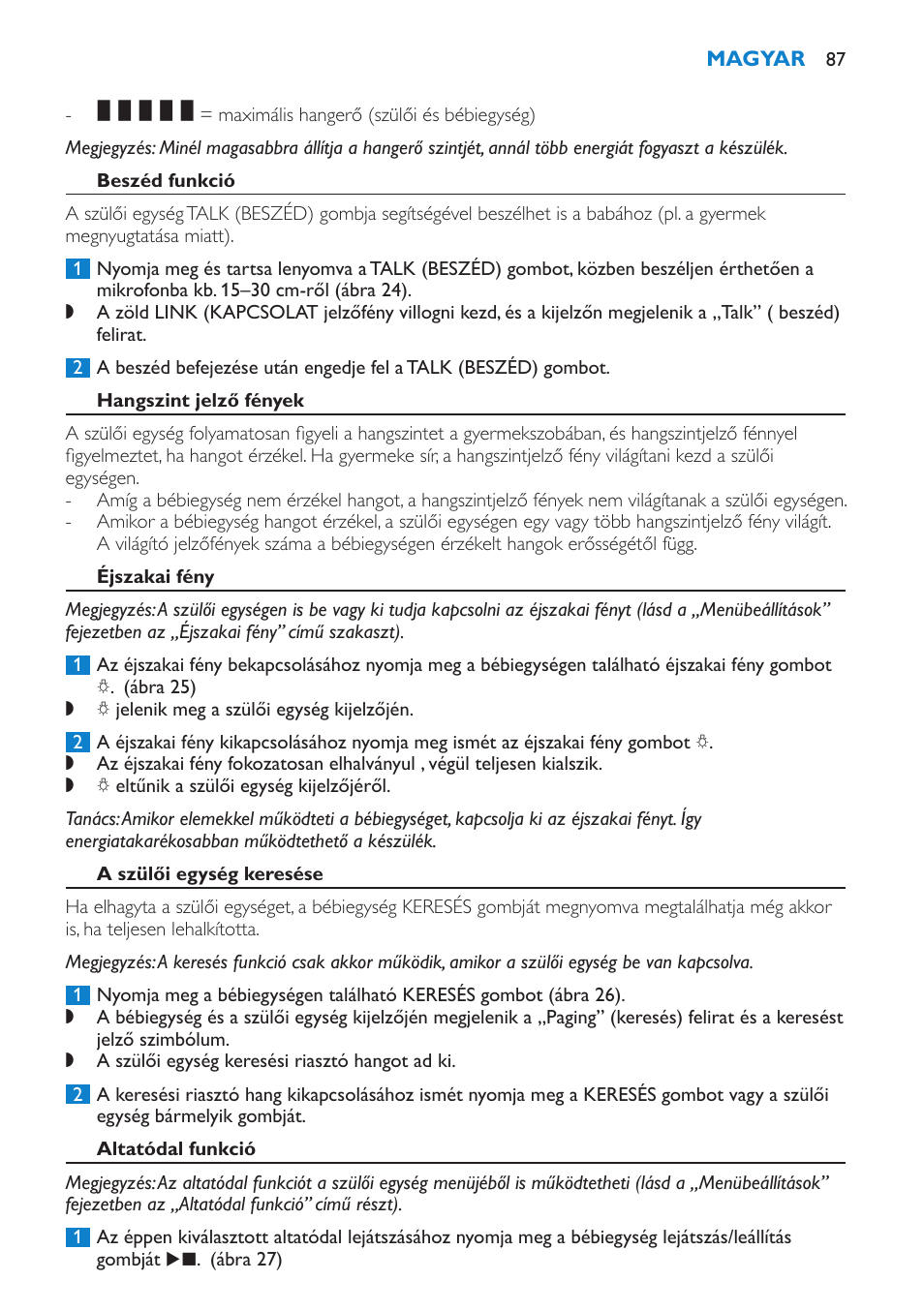 Beszéd funkció, Hangszint jelző fények, Éjszakai fény | A szülői egység keresése | Philips SCD530 User Manual | Page 87 / 256