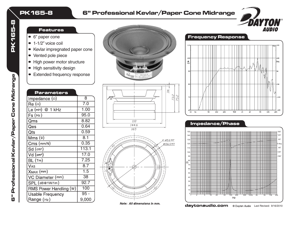 Dayton Audio PK165-8 6" Professional Kevlar User Manual | 1 page