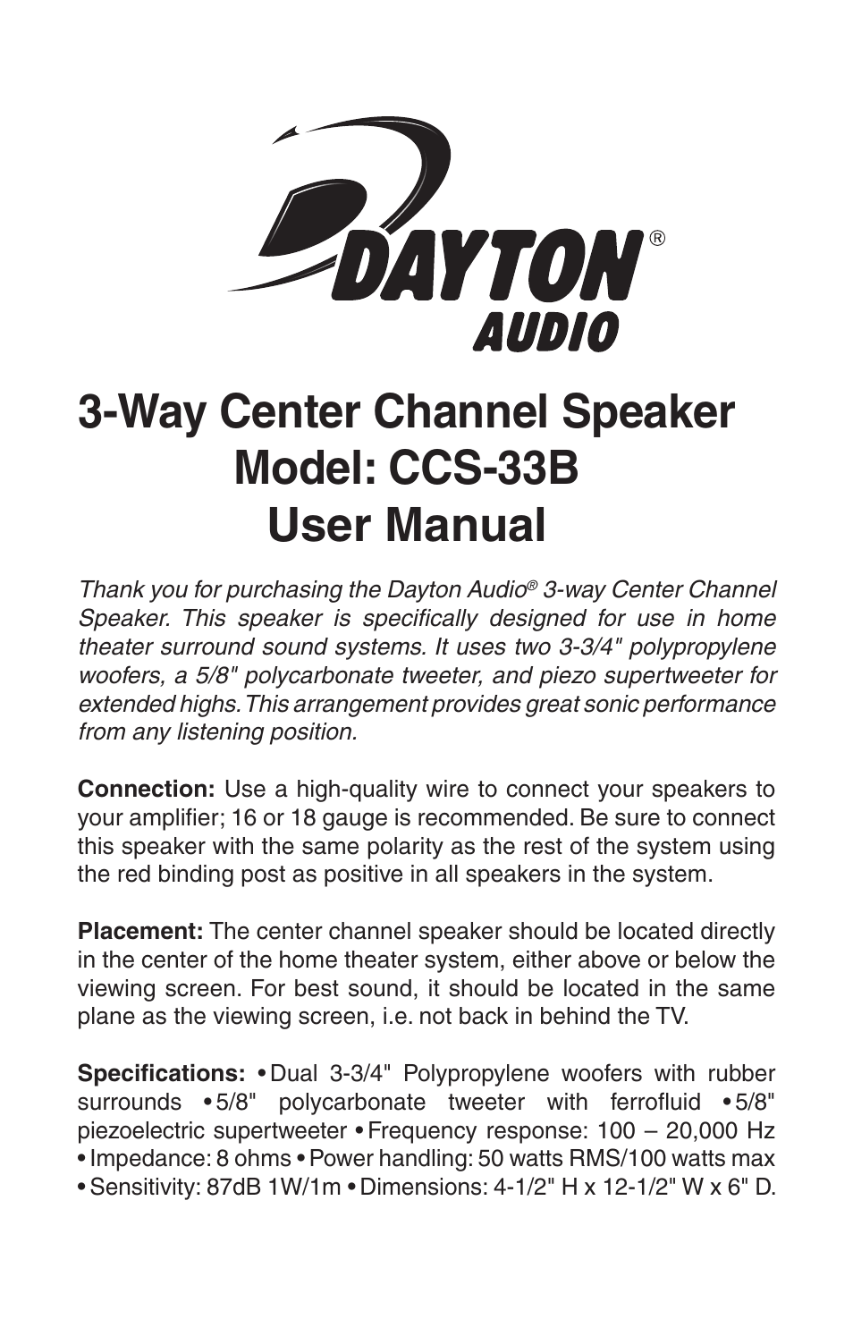 Dayton Audio CCS-33B 3-Way Center Channel Speaker Black User Manual | 2 pages