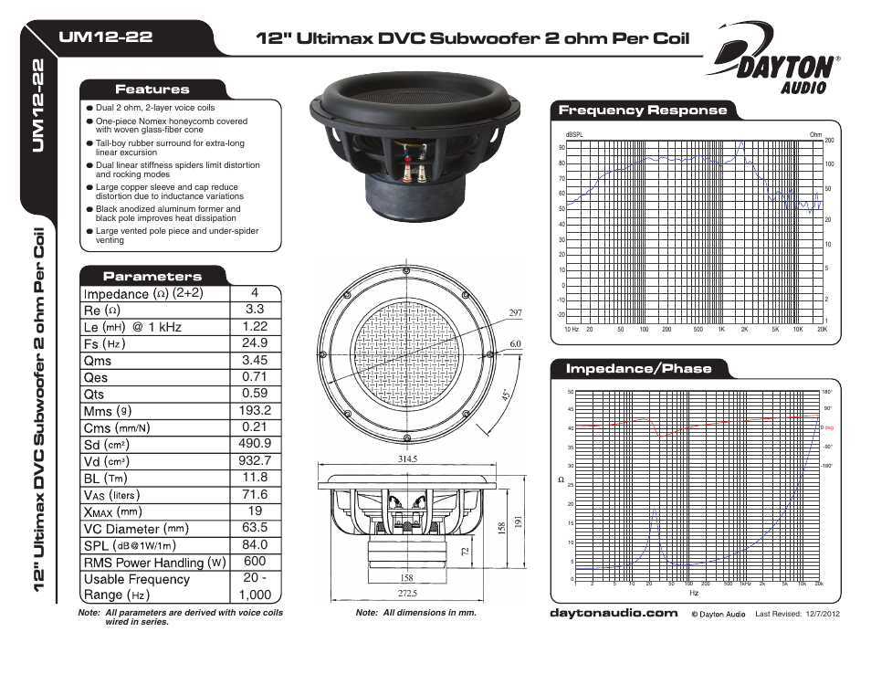 Dayton Audio UM12-22 12" Ultimax DVC Subwoofer 2 ohm Per Coil User Manual | 1 page