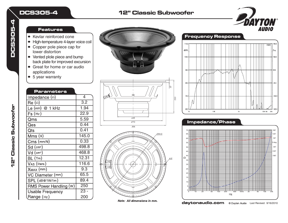 Dayton Audio DCS305-4 12" Classic Subwoofer 4 Ohm User Manual | 1 page