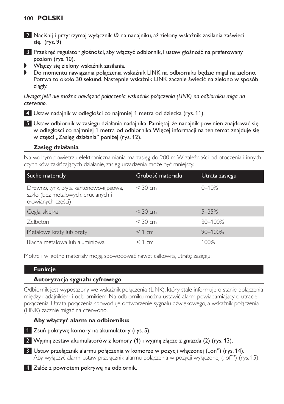 Zasięg działania, Funkcje, Autoryzacja sygnału cyfrowego | Aby włączyć alarm na odbiorniku | Philips SCD481 User Manual | Page 100 / 172