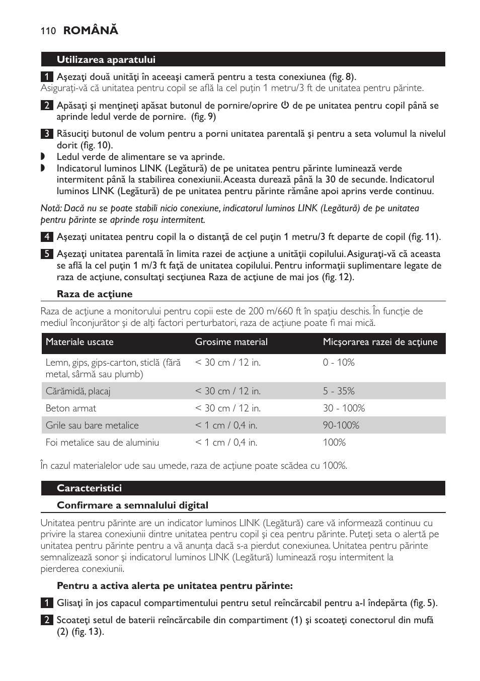 Raza de acţiune, Caracteristici, Confirmare a semnalului digital | Pentru a activa alerta pe unitatea pentru părinte | Philips SCD481 User Manual | Page 110 / 172