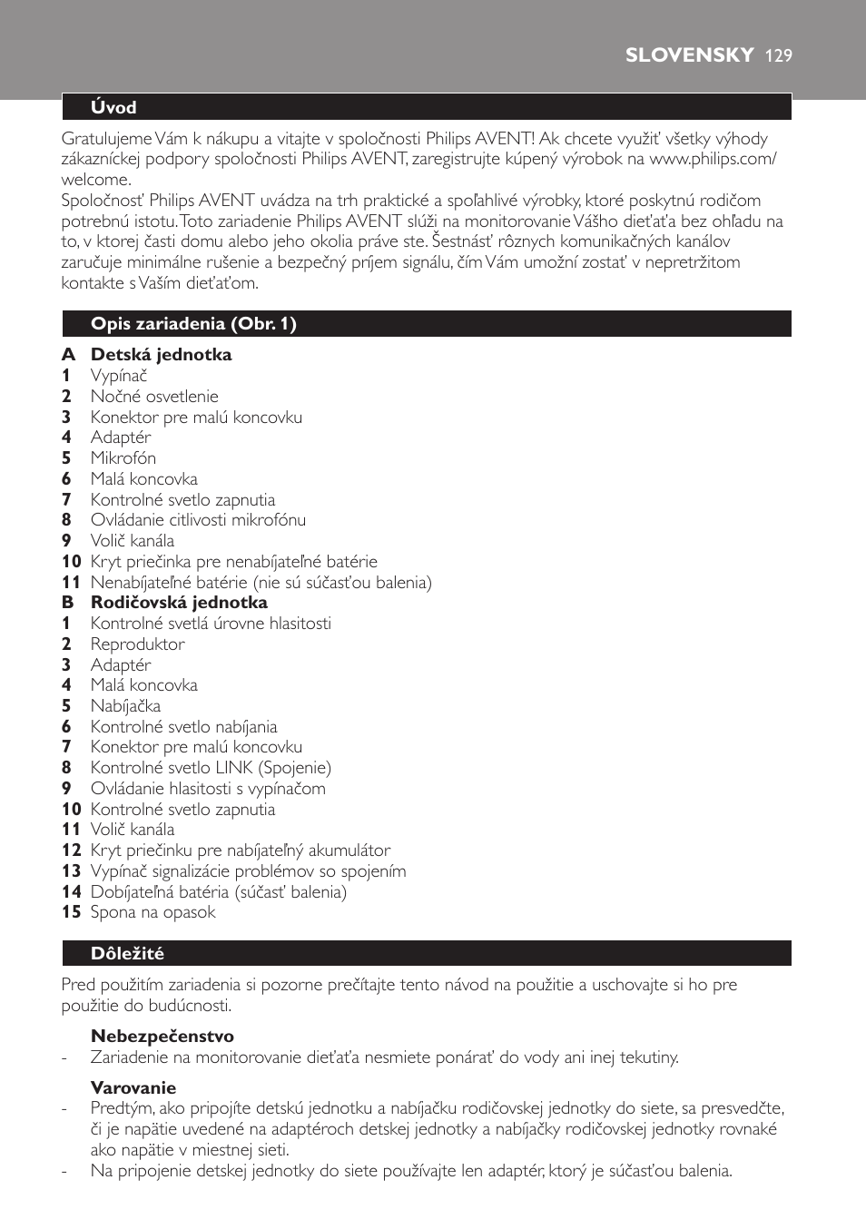 Nebezpečenstvo, Varovanie, Slovensky | Úvod, Opis zariadenia (obr. 1), Dôležité | Philips SCD481 User Manual | Page 129 / 172