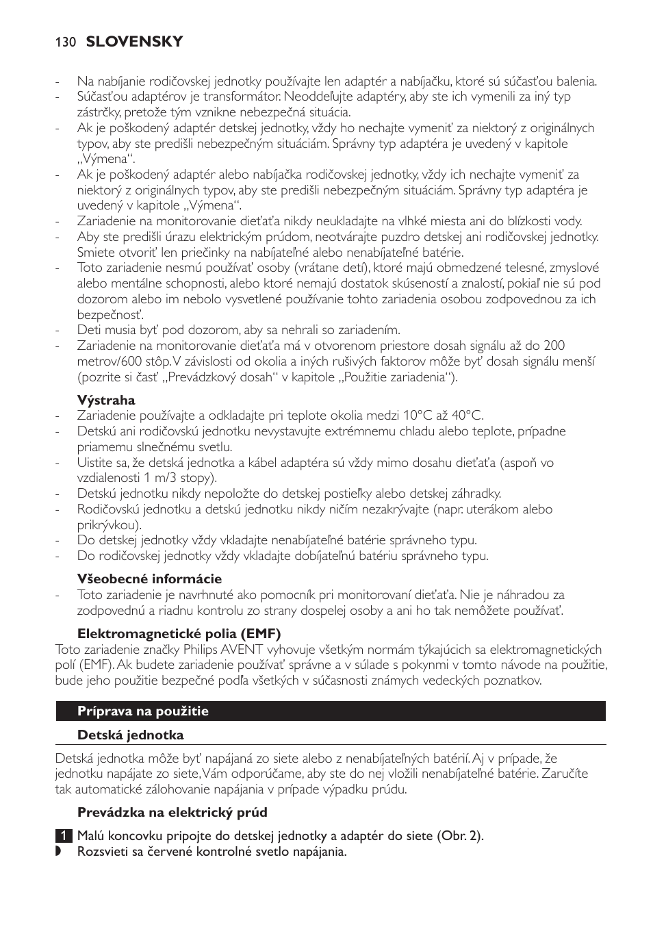 Výstraha, Všeobecné informácie, Elektromagnetické polia (emf) | Príprava na použitie, Detská jednotka, Prevádzka na elektrický prúd | Philips SCD481 User Manual | Page 130 / 172