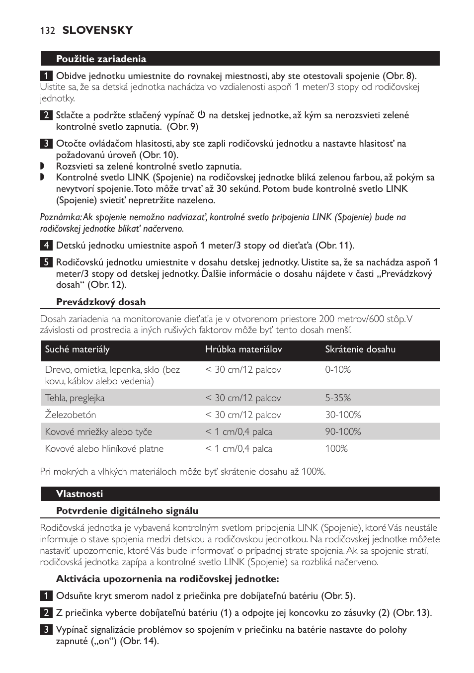 Prevádzkový dosah, Vlastnosti, Potvrdenie digitálneho signálu | Aktivácia upozornenia na rodičovskej jednotke | Philips SCD481 User Manual | Page 132 / 172