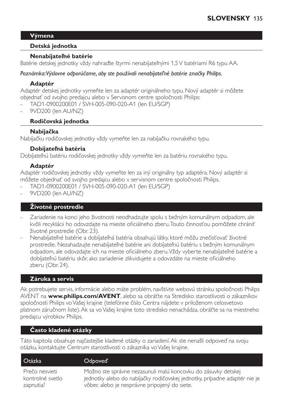 Adaptér, Rodičovská jednotka, Nabíjačka | Dobíjateľná batéria, Životné prostredie, Záruka a servis, Často kladené otázky | Philips SCD481 User Manual | Page 135 / 172