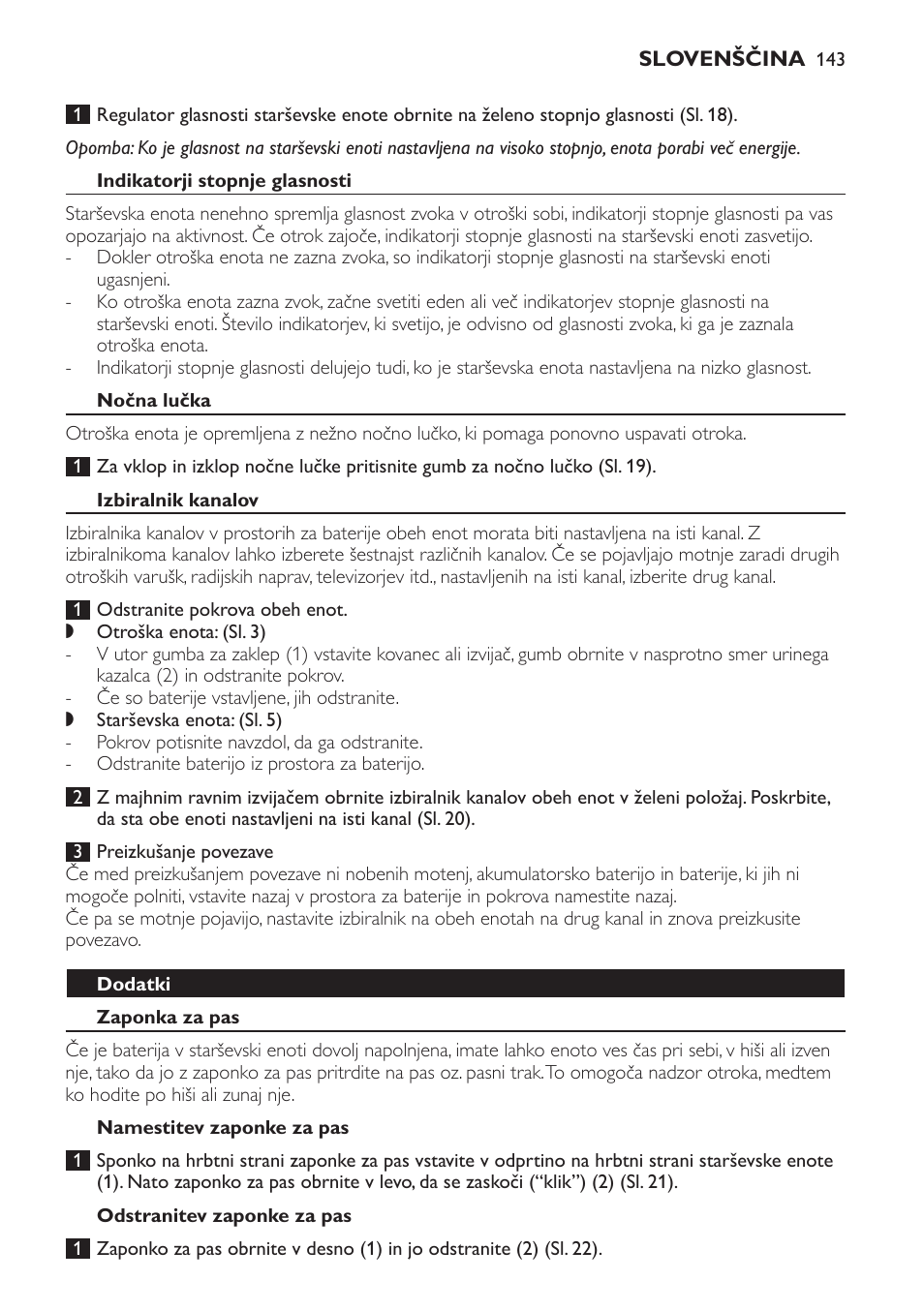 Indikatorji stopnje glasnosti, Nočna lučka, Izbiralnik kanalov | Dodatki, Zaponka za pas, Namestitev zaponke za pas, Odstranitev zaponke za pas | Philips SCD481 User Manual | Page 143 / 172