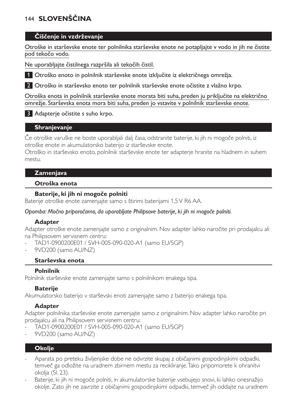 Čiščenje in vzdrževanje, Shranjevanje, Zamenjava | Otroška enota, Baterije, ki jih ni mogoče polniti, Adapter, Starševska enota, Polnilnik, Baterije, Okolje | Philips SCD481 User Manual | Page 144 / 172