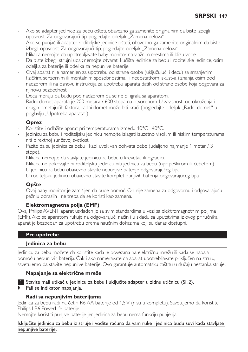 Oprez, Opšte, Elektromagnetna polja (emf) | Pre upotrebe, Jedinica za bebu, Napajanje sa električne mreže, Radi sa nepunjivim baterijama | Philips SCD481 User Manual | Page 149 / 172