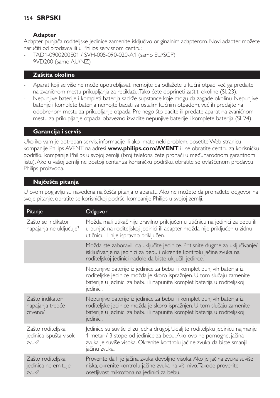 Adapter, Zaštita okoline, Garancija i servis | Najčešća pitanja | Philips SCD481 User Manual | Page 154 / 172