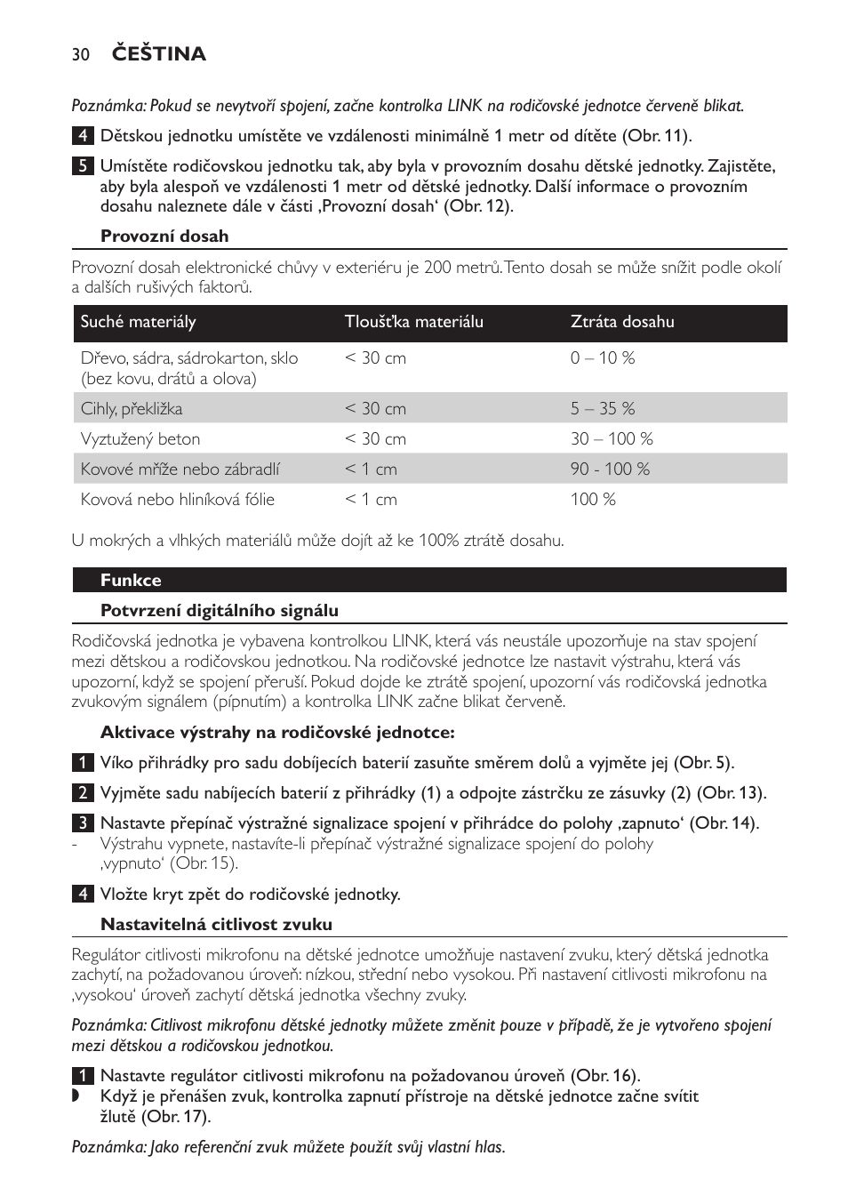 Provozní dosah, Funkce, Potvrzení digitálního signálu | Aktivace výstrahy na rodičovské jednotce, Nastavitelná citlivost zvuku | Philips SCD481 User Manual | Page 30 / 172