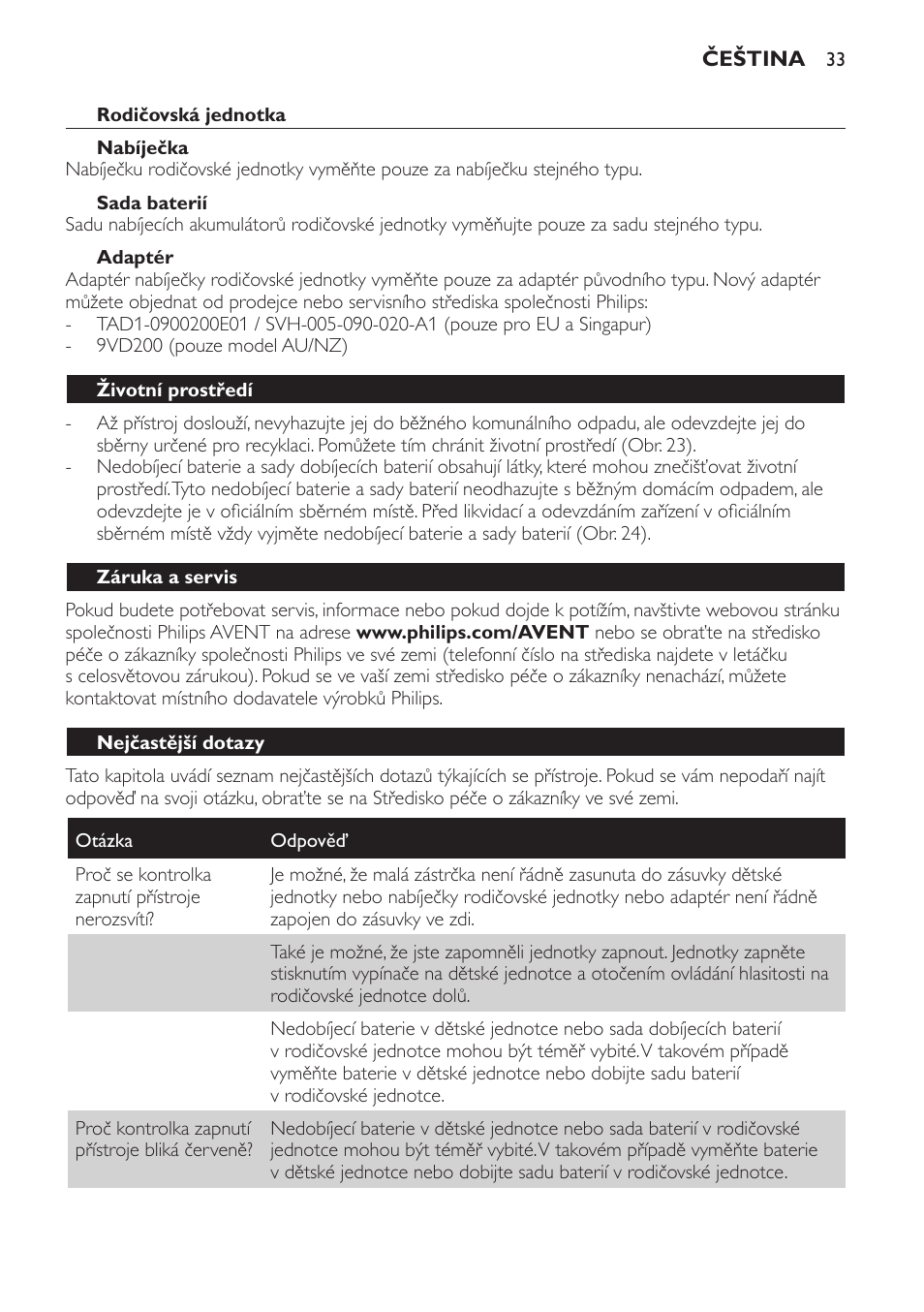 Sada baterií, Adaptér, Životní prostředí | Záruka a servis, Nejčastější dotazy | Philips SCD481 User Manual | Page 33 / 172