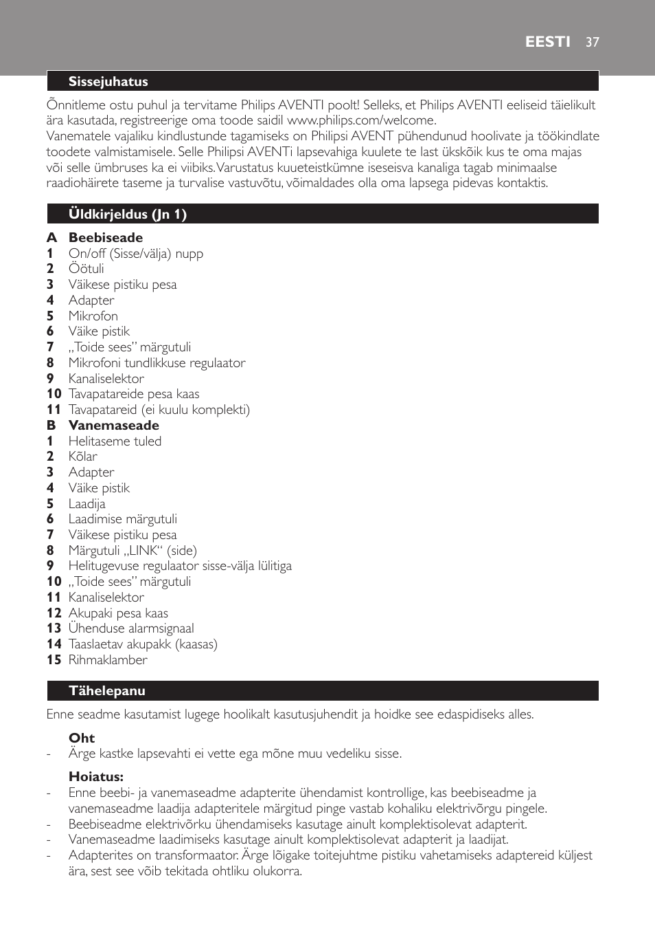 Hoiatus, Eesti, Sissejuhatus | Üldkirjeldus (jn 1), Tähelepanu | Philips SCD481 User Manual | Page 37 / 172