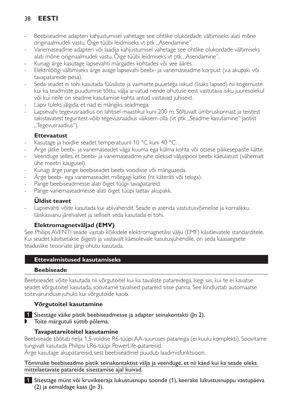 Ettevaatust, Üldist teavet, Elektromagnetväljad (emv) | Ettevalmistused kasutamiseks, Beebiseade, Võrgutoitel kasutamine, Tavapatareitoitel kasutamine | Philips SCD481 User Manual | Page 38 / 172