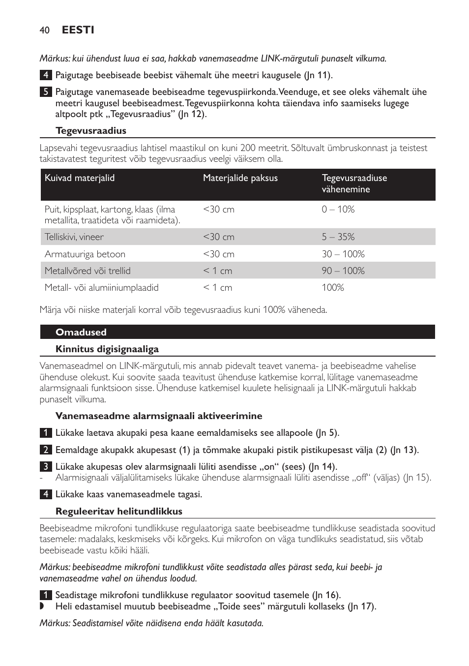 Tegevusraadius, Omadused, Kinnitus digisignaaliga | Vanemaseadme alarmsignaali aktiveerimine, Reguleeritav helitundlikkus | Philips SCD481 User Manual | Page 40 / 172