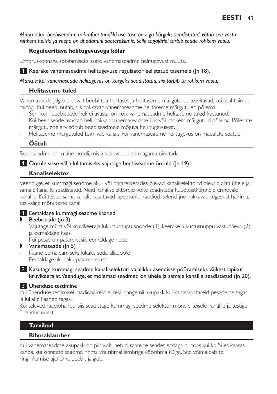 Reguleeritava helitugevusega kõlar, Helitaseme tuled, Öötuli | Kanaliselektor, Tarvikud, Rihmaklamber | Philips SCD481 User Manual | Page 41 / 172