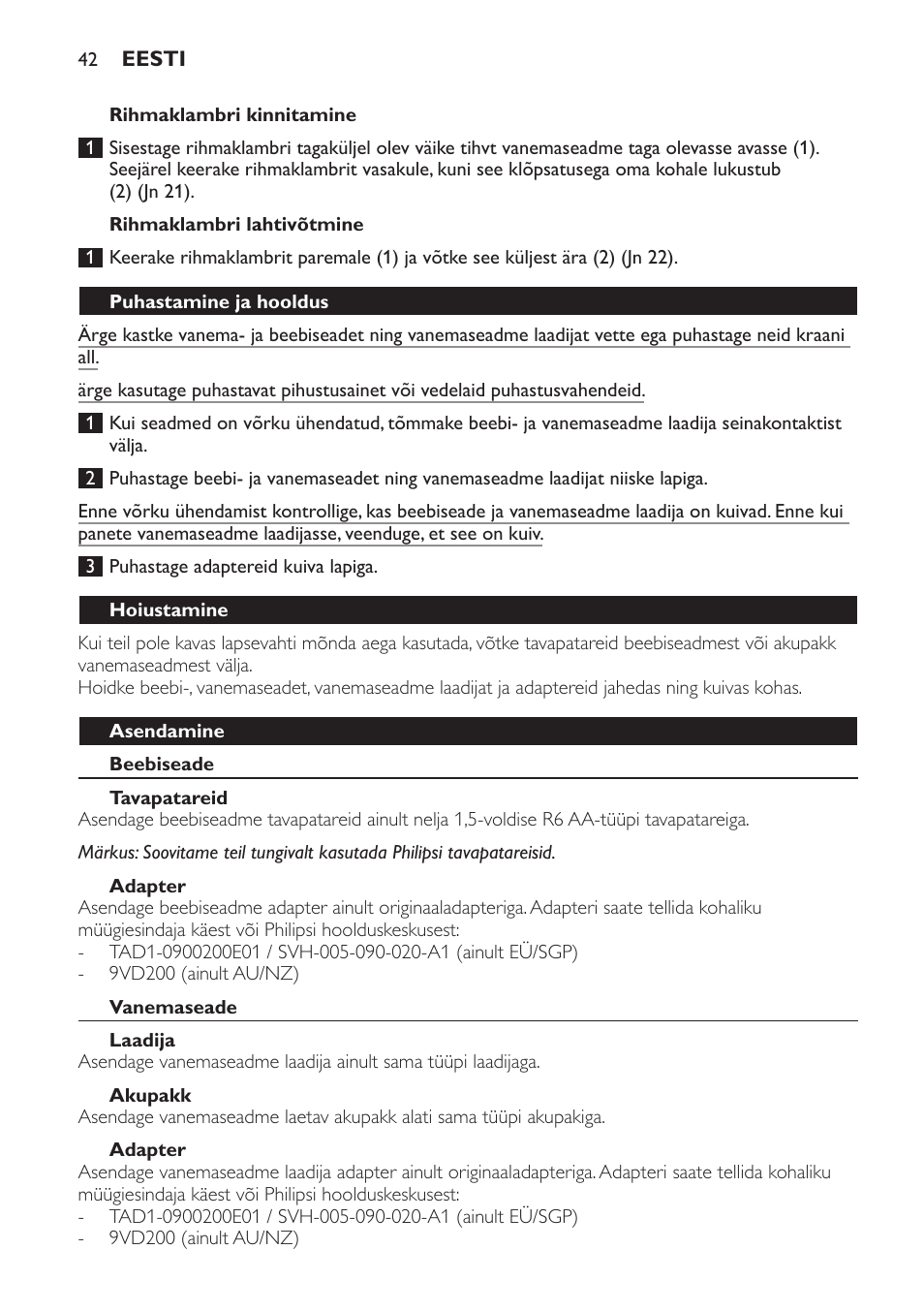 Rihmaklambri kinnitamine, Rihmaklambri lahtivõtmine, Puhastamine ja hooldus | Hoiustamine, Asendamine, Beebiseade, Tavapatareid, Adapter, Vanemaseade, Laadija | Philips SCD481 User Manual | Page 42 / 172