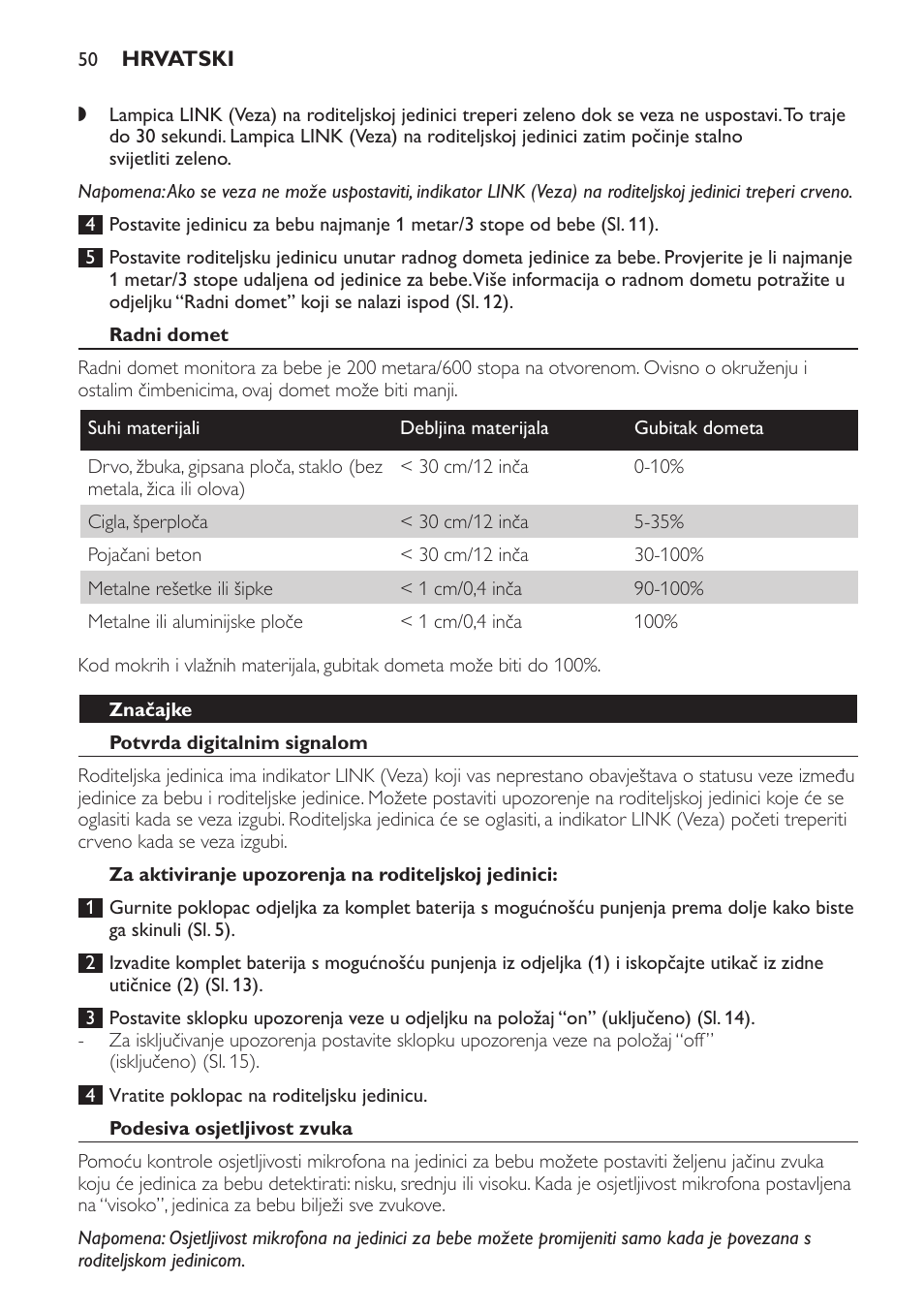 Radni domet, Značajke, Potvrda digitalnim signalom | Za aktiviranje upozorenja na roditeljskoj jedinici, Podesiva osjetljivost zvuka | Philips SCD481 User Manual | Page 50 / 172