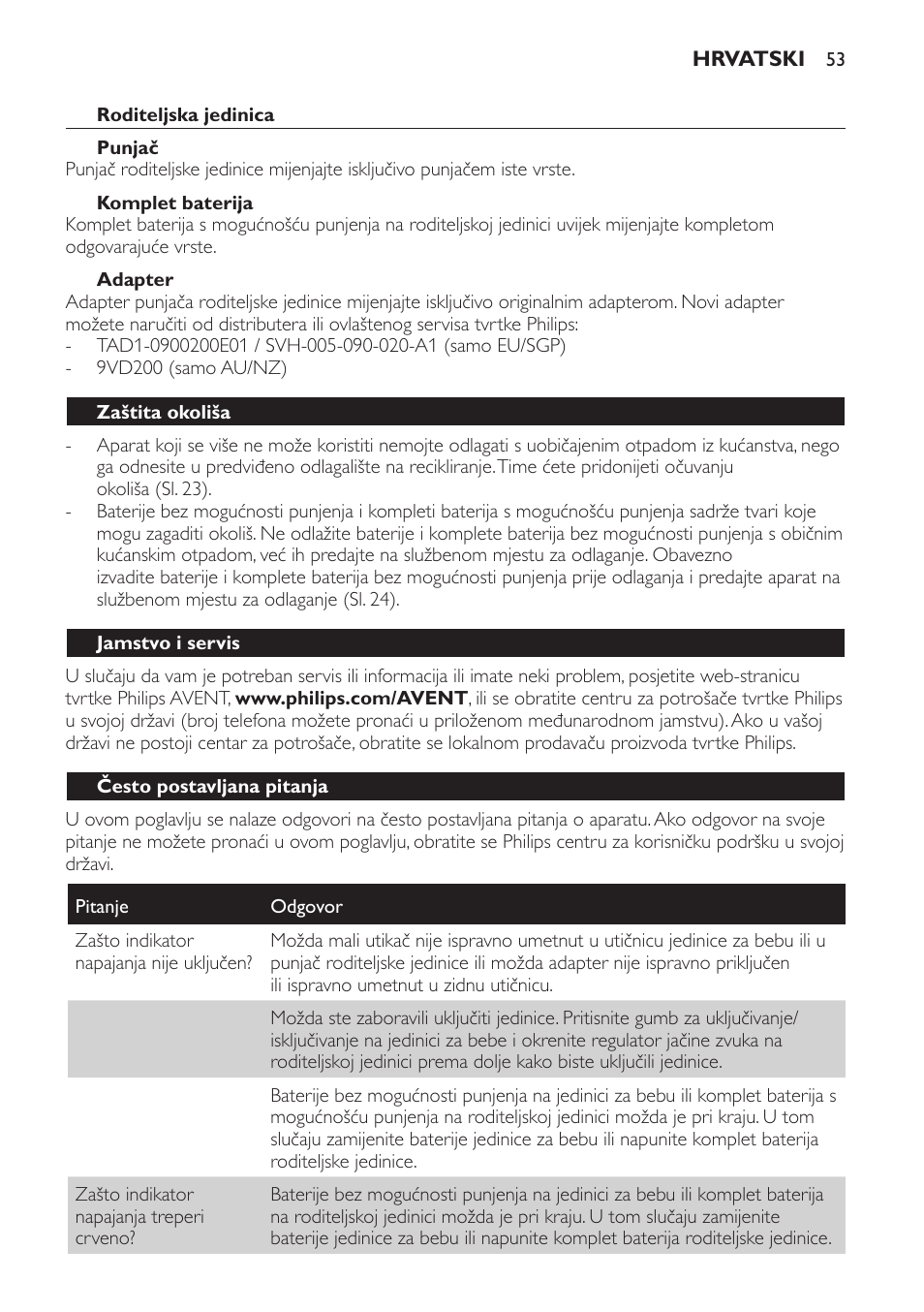 Roditeljska jedinica, Punjač, Komplet baterija | Adapter, Zaštita okoliša, Jamstvo i servis, Često postavljana pitanja | Philips SCD481 User Manual | Page 53 / 172