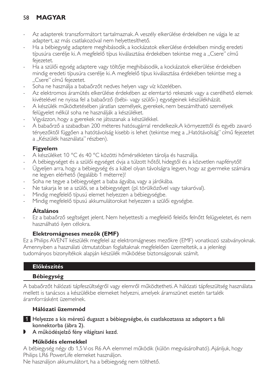 Figyelem, Általános, Elektromágneses mezők (emf) | Előkészítés, Bébiegység, Hálózati üzemmód, Működés elemekkel | Philips SCD481 User Manual | Page 58 / 172