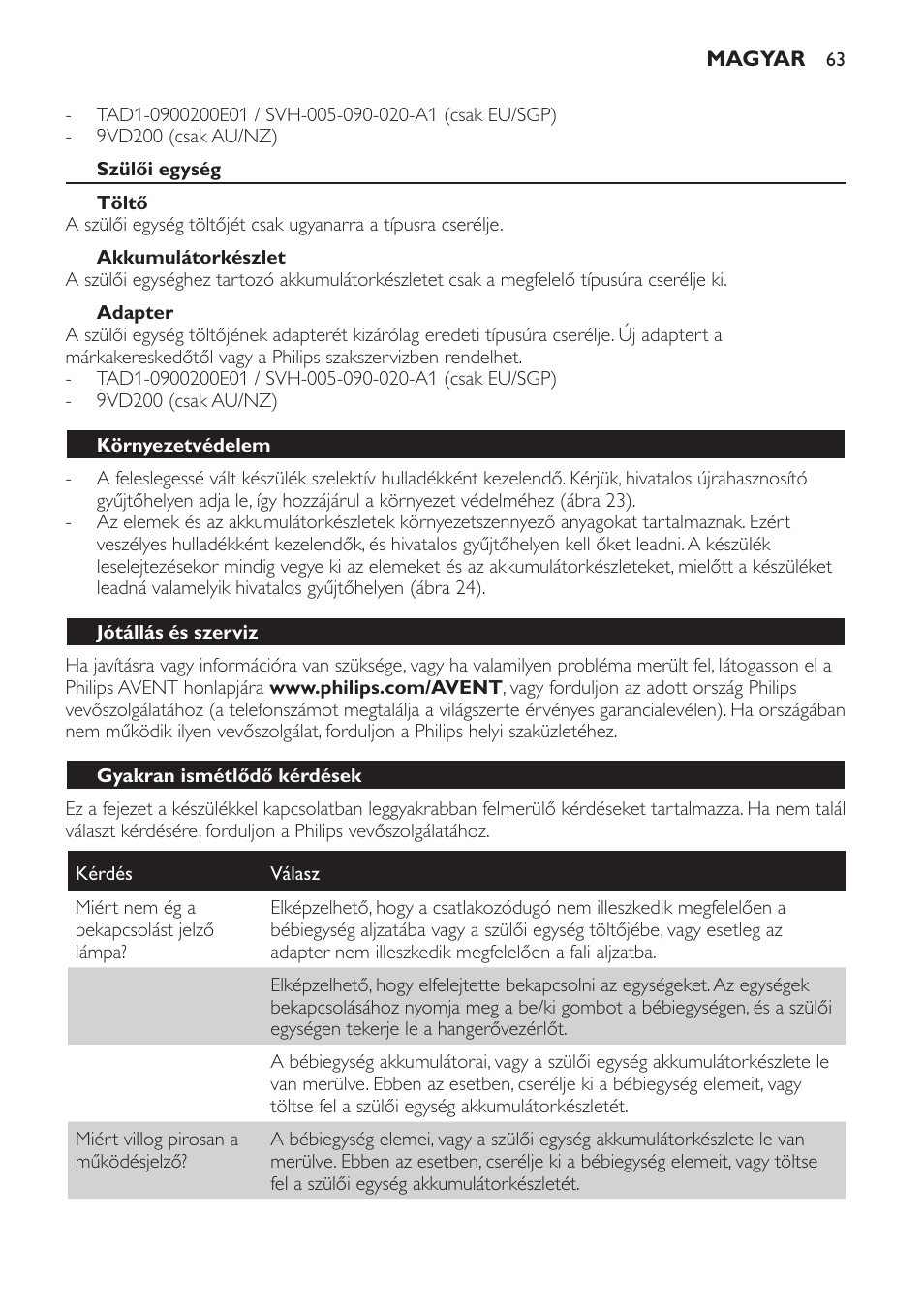 Szülői egység, Töltő, Akkumulátorkészlet | Adapter, Környezetvédelem, Jótállás és szerviz, Gyakran ismétlődő kérdések | Philips SCD481 User Manual | Page 63 / 172