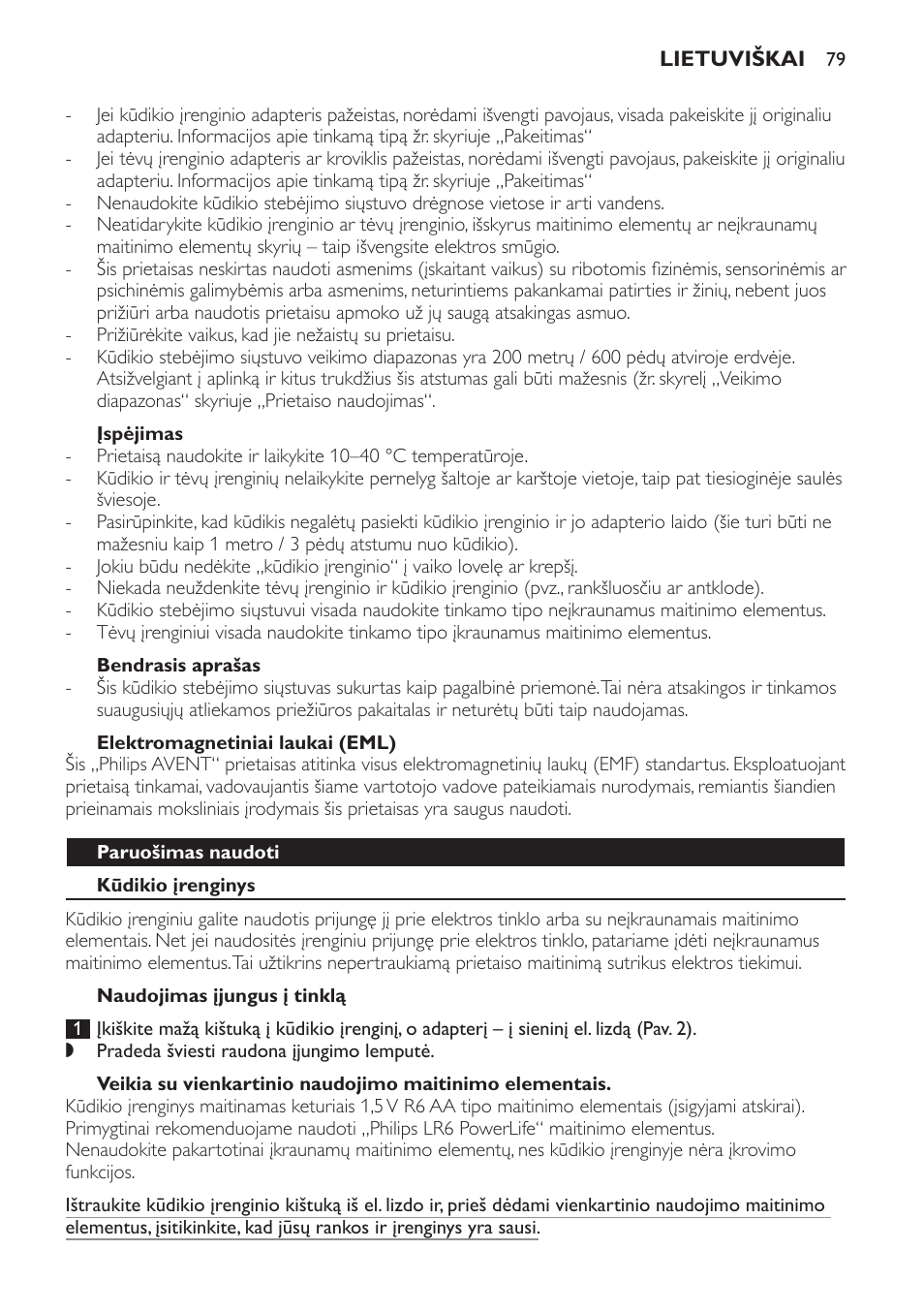 Įspėjimas, Bendrasis aprašas, Elektromagnetiniai laukai (eml) | Paruošimas naudoti, Kūdikio įrenginys, Naudojimas įjungus į tinklą | Philips SCD481 User Manual | Page 79 / 172