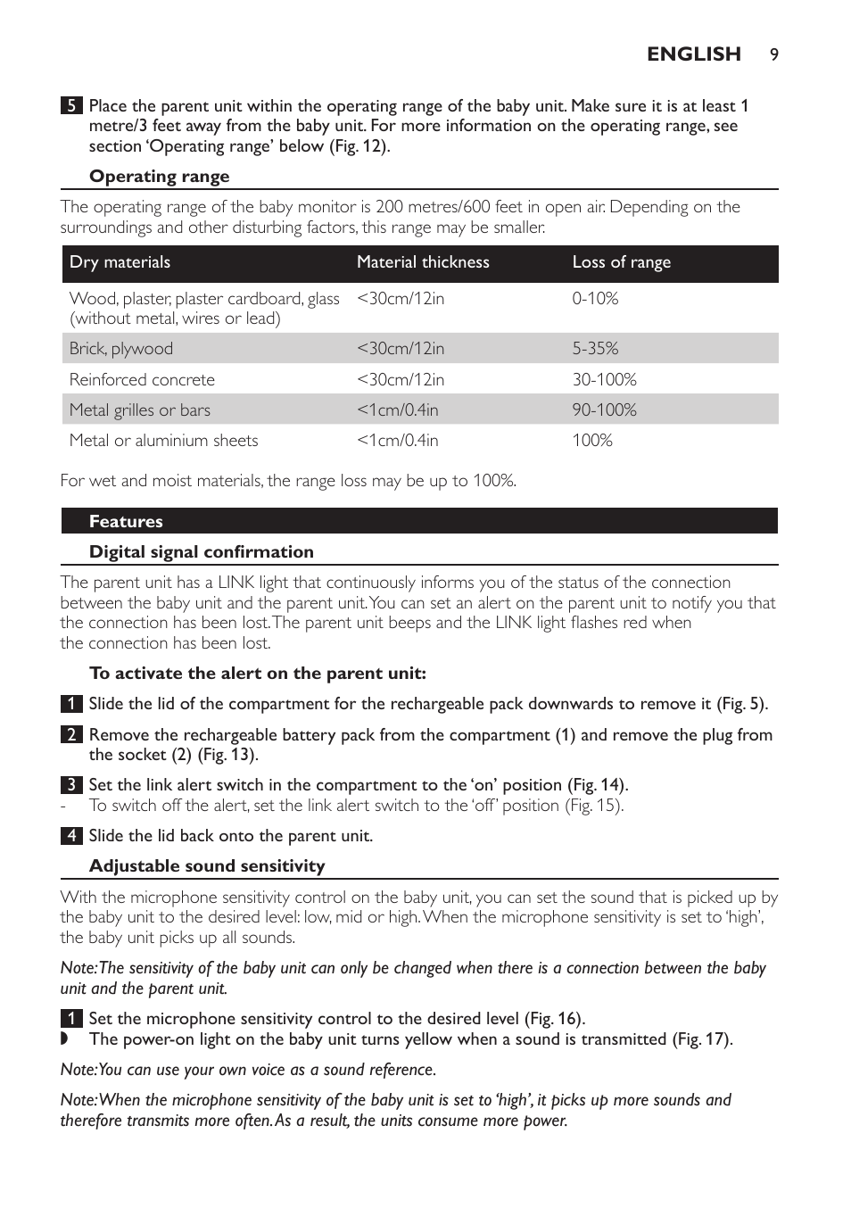 Operating range, Features, Digital signal confirmation | To activate the alert on the parent unit, Adjustable sound sensitivity | Philips SCD481 User Manual | Page 9 / 172
