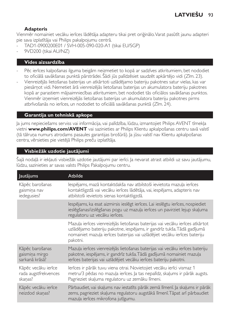 Adapteris, Vides aizsardzība, Garantija un tehniskā apkope | Visbiežāk uzdotie jautājumi | Philips SCD481 User Manual | Page 93 / 172