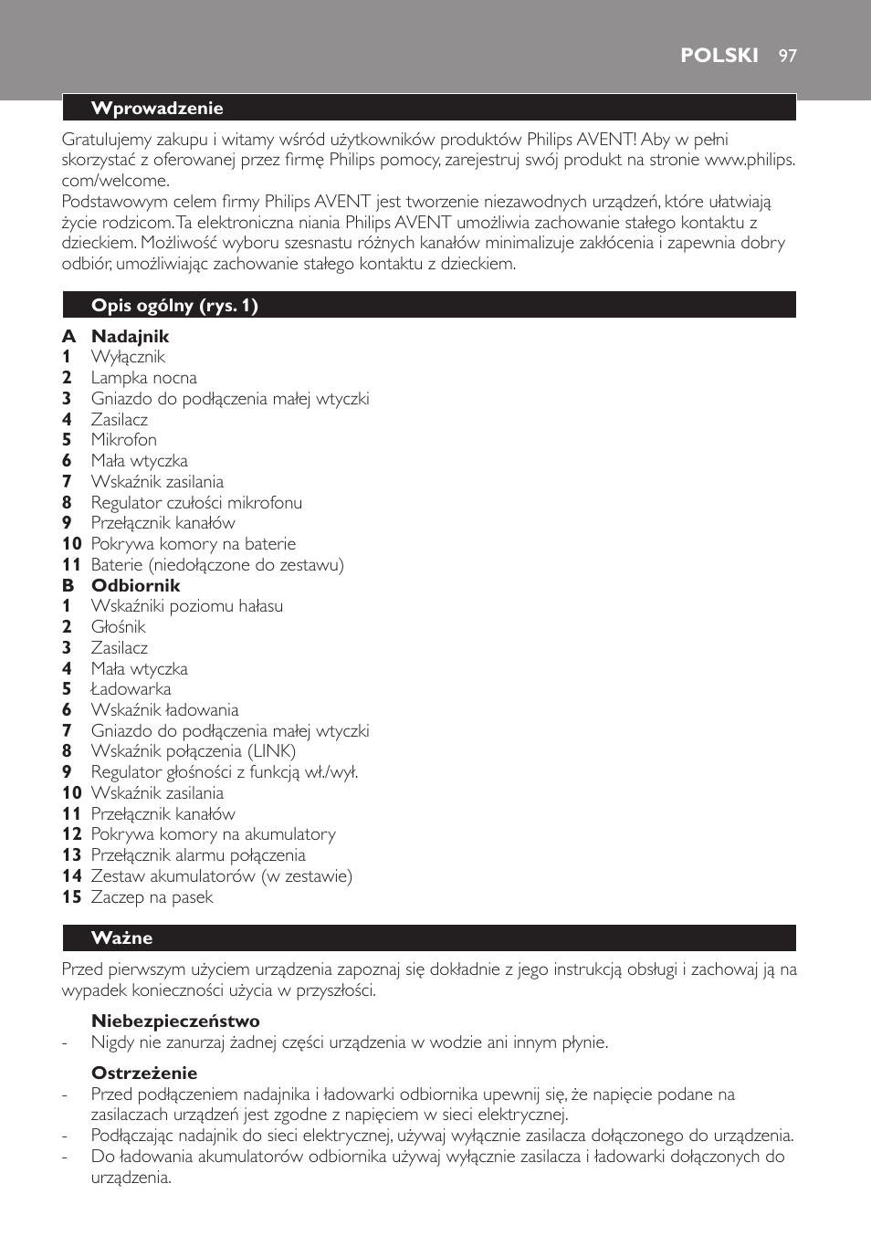 Niebezpieczeństwo, Ostrzeżenie, Polski | Wprowadzenie, Opis ogólny (rys. 1), Ważne | Philips SCD481 User Manual | Page 97 / 172