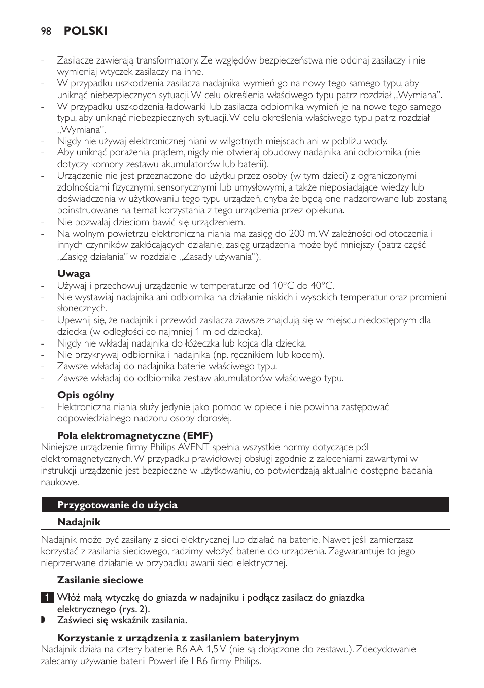 Uwaga, Opis ogólny, Pola elektromagnetyczne (emf) | Przygotowanie do użycia, Nadajnik, Zasilanie sieciowe, Korzystanie z urządzenia z zasilaniem bateryjnym | Philips SCD481 User Manual | Page 98 / 172