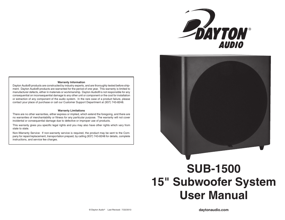 Dayton Audio SUB-1500 15" 150 Watt Powered Subwoofer User Manual | 2 pages